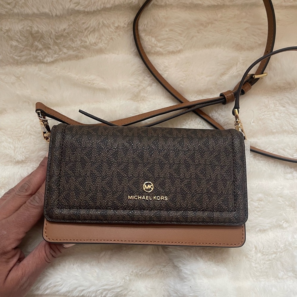 Michael Kors Brown and Tan MK Signature Crossbody Wallet
